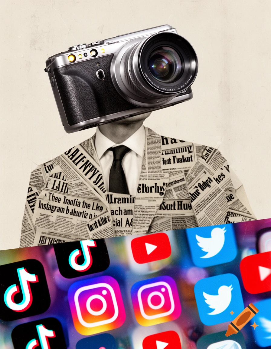 Surrealistic collage with a man in a newspaper suit and a camera for a head, overlooking a mosaic of social media app icons like TikTok and Instagram.