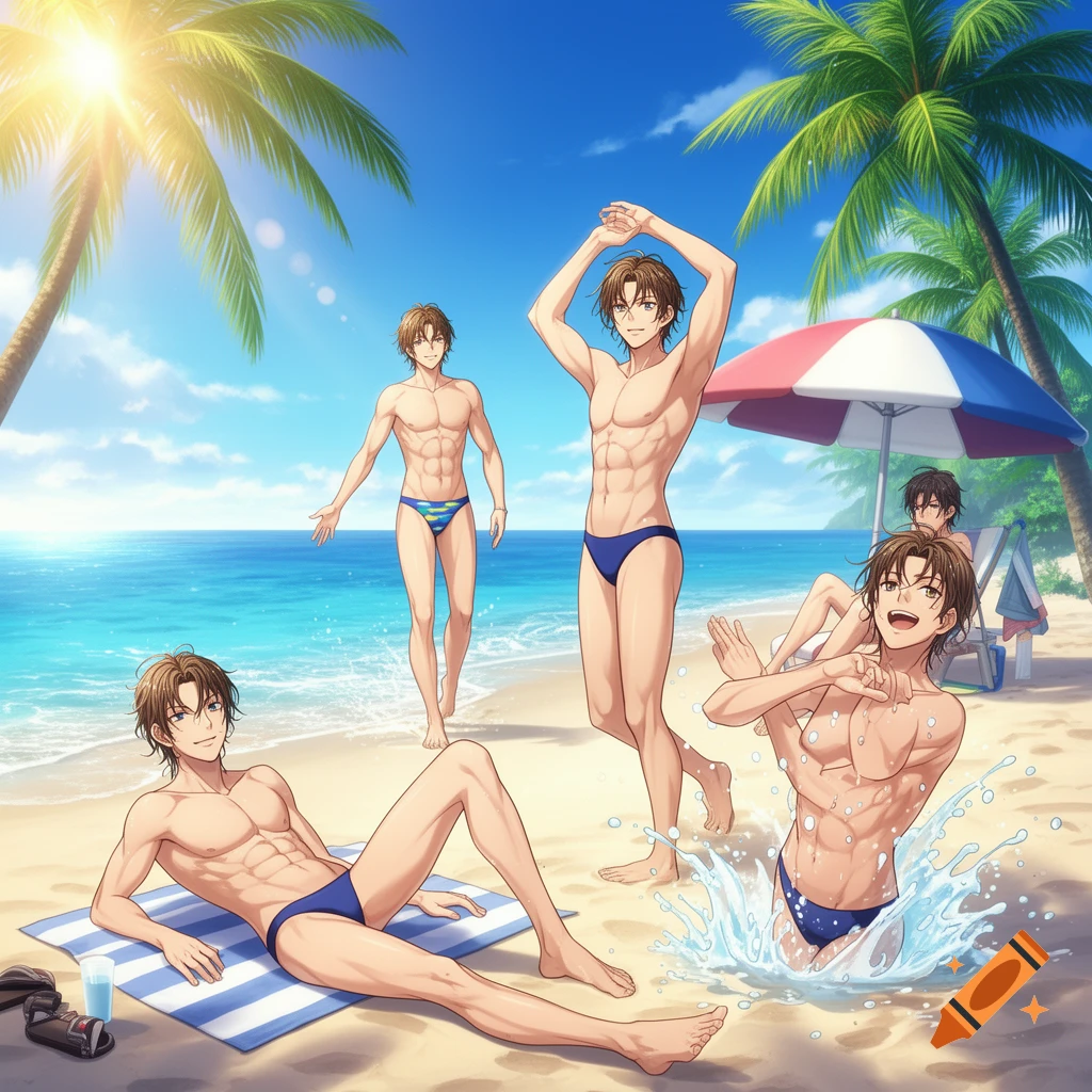 Multiple handsome anime men in speedos enjoy a sunny tropical beach, some sunbathing, stretching, or splashing water.