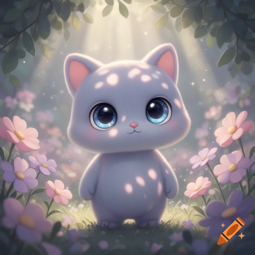A fluffy, cute, gray cat-like creature with big blue eyes stands in a magical garden with pink flowers and dappled sunlight.