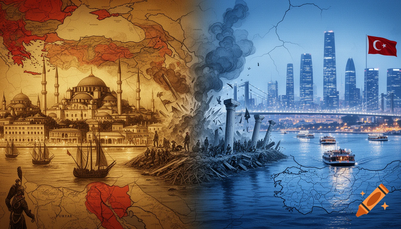 Split historical illustration of Turkey: Left shows Ottoman Empire with old map and architecture; Right shows modern Istanbul skyline with flag and map.
