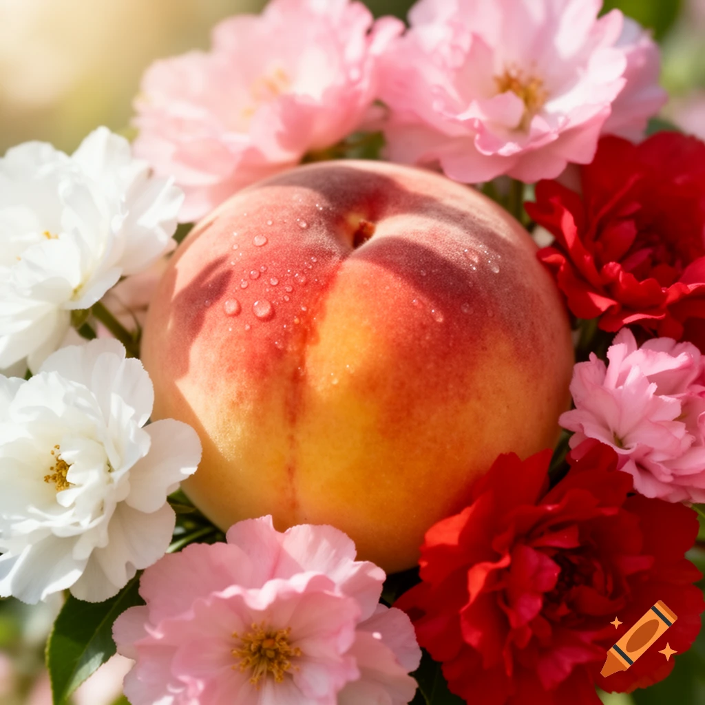 A vibrant peach with water droplets, surrounded by white, pink, and red blooming flowers.