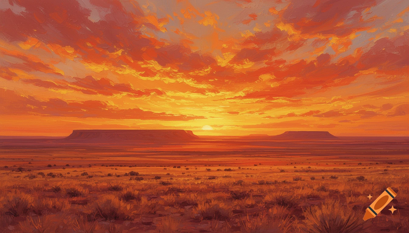Painterly desert landscape at sunset, with fiery orange and red clouds over distant mesas and sparse desert grasses.