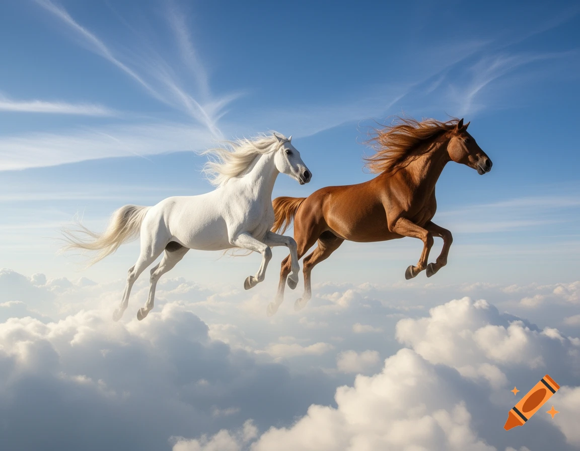 A white mare and a brown stallion gallop majestically through a cloud-filled blue sky.