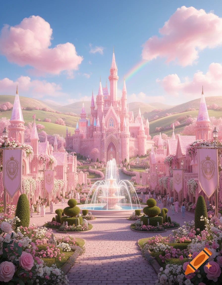 A majestic pink fantasy castle kingdom with ornate buildings, fountains, lush gardens, and a rainbow under a blue sky.