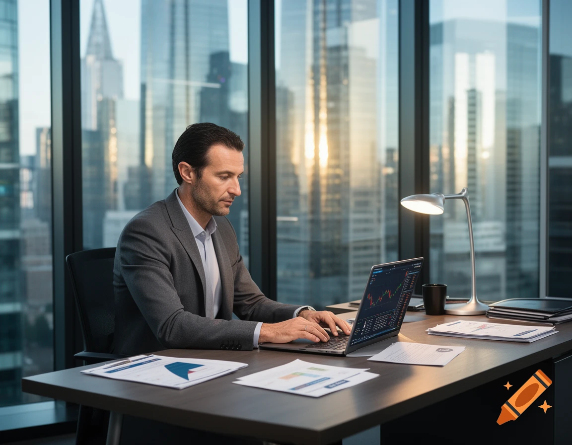 A man in a suit works on a laptop showing financial graphs at a desk in a modern office with city views.