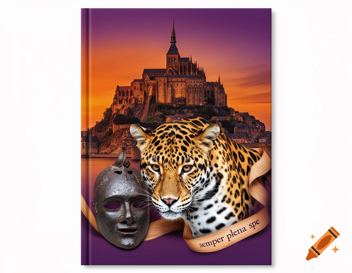 A photorealistic book cover featuring a jaguar head, a metal mask, Mont Saint-Michel at sunset, and a ribbon reading 'semper plena spe'.