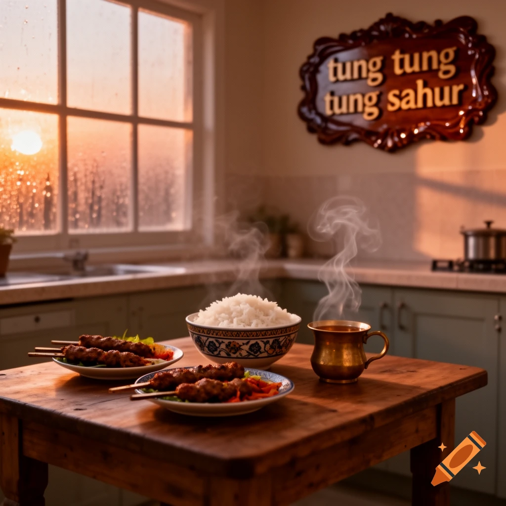 Steaming bowl of rice, kebabs, and a mug on a wooden table in a kitchen, with a sunrise/sunset visible through a window.