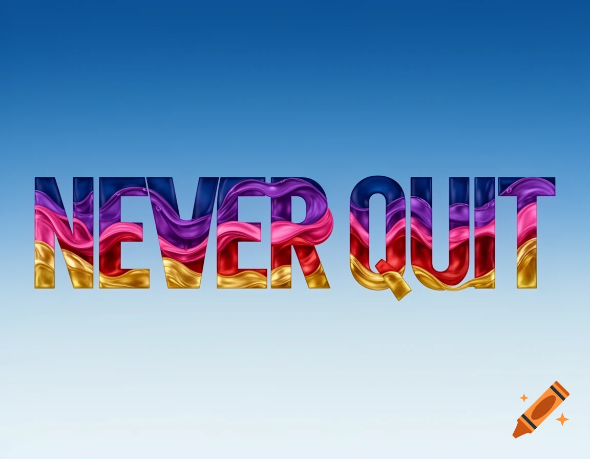 The words NEVER QUIT in all caps, with a liquid wave effect featuring purple, pink, red, and yellow, against a blue gradient background.