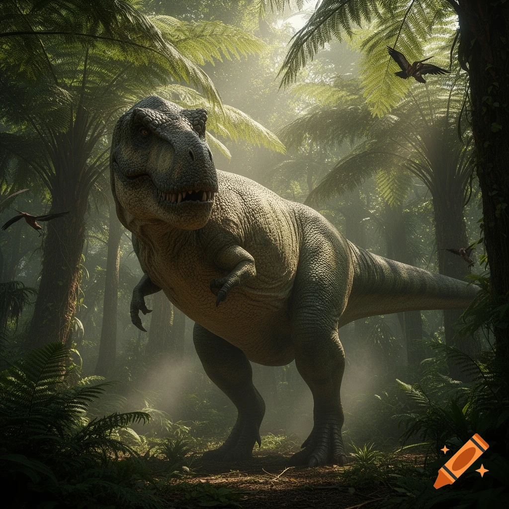 A large, photorealistic Tyrannosaurus Rex stands in a misty, sun-dappled prehistoric jungle with lush ferns and flying birds.