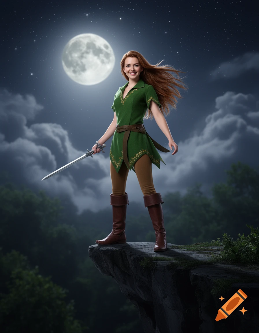 A smiling woman with red hair in a green Peter Pan-like tunic and brown boots stands on a cliff under a full moon, holding a sword.