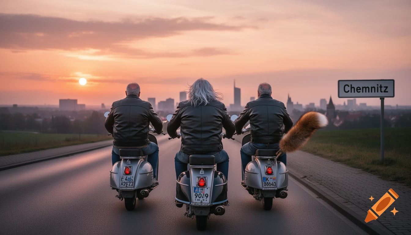 Three men on classic scooters, one with a fox tail, ride towards a city skyline at sunset under an orange sky, with a "Chemnitz" sign on the right.