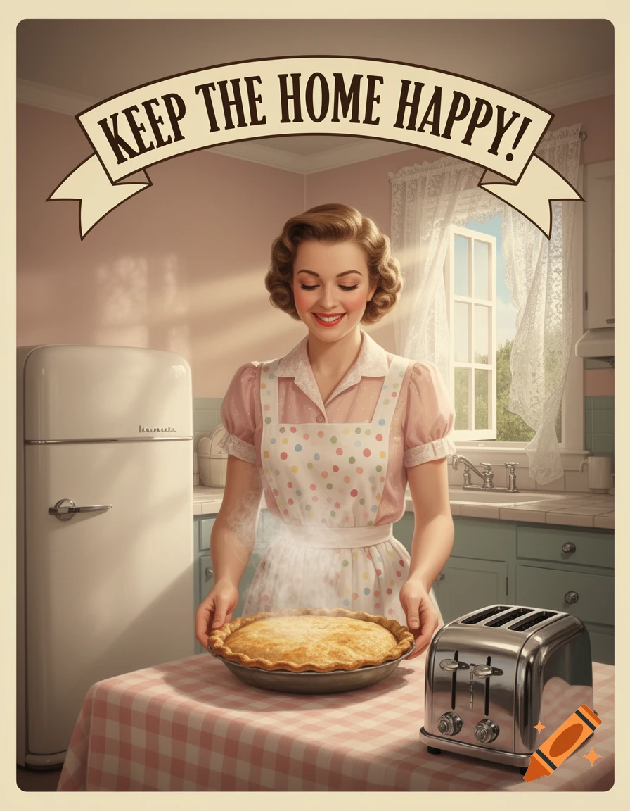 1950s style poster of a smiling woman in an apron holding a pie in a kitchen, with a 'KEEP THE HOME HAPPY!' banner.