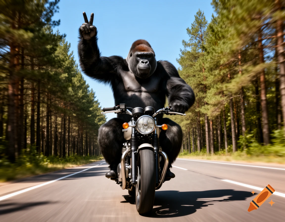 A photorealistic gorilla rides a motorcycle down a tree-lined road, raising its left hand in a peace sign.