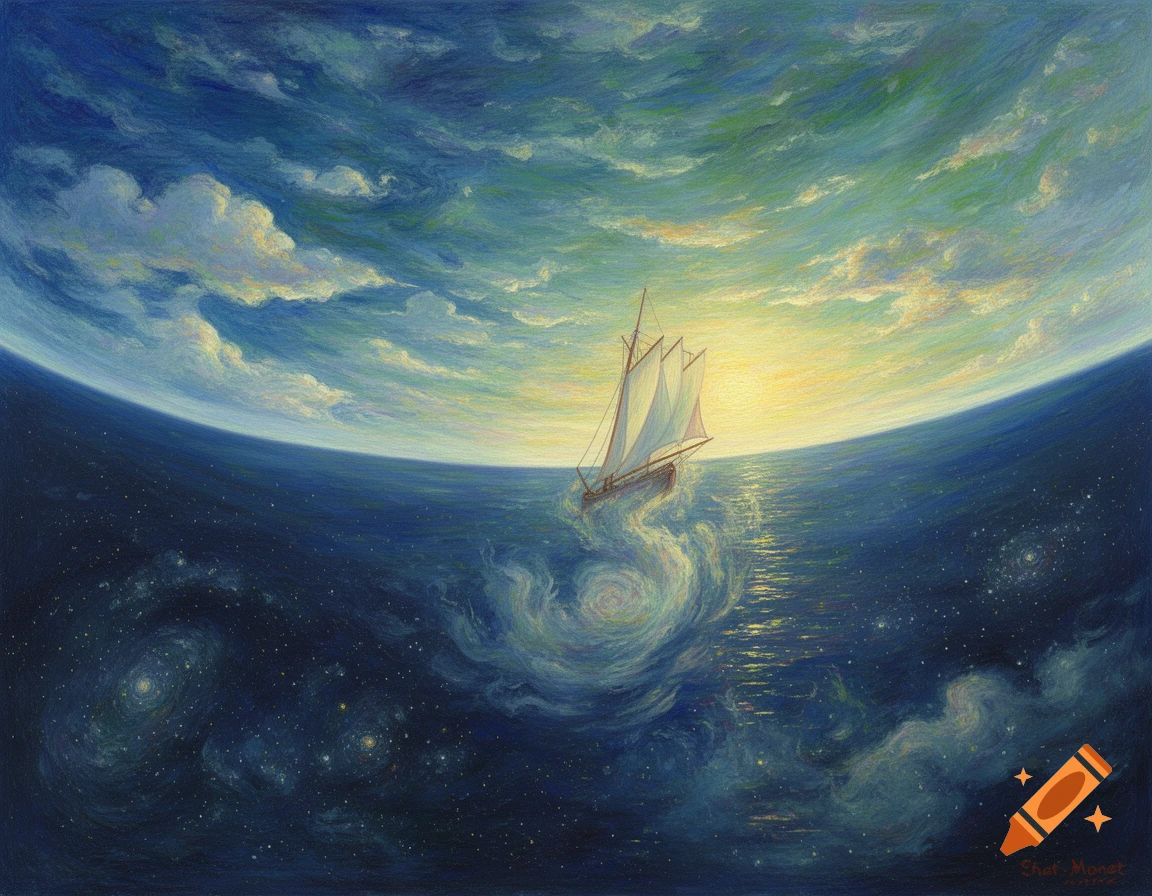 Impressionistic painting of a sailboat on a curved ocean, appearing to fall into a starry cosmic abyss at sunset.