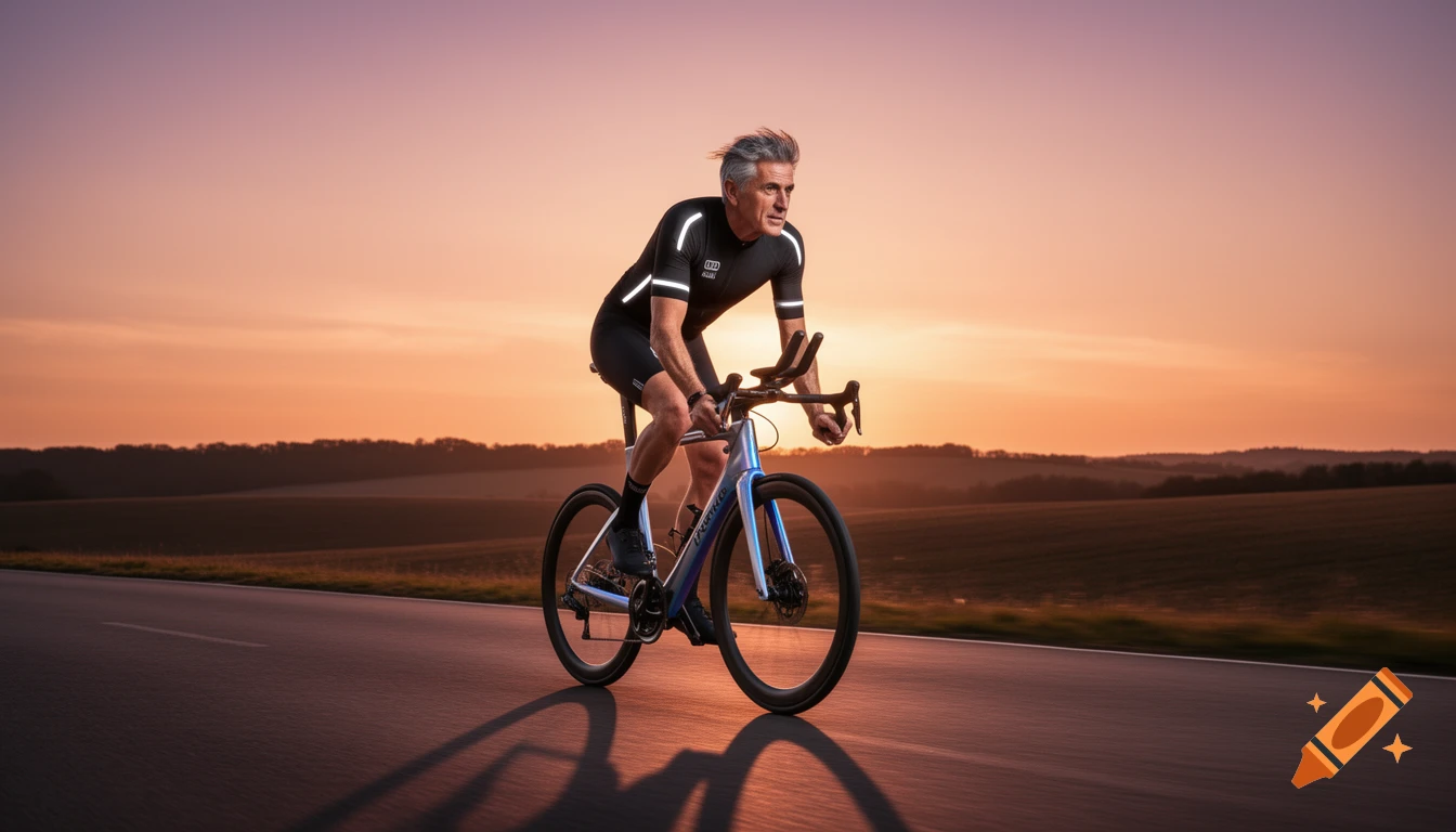 A man on a racing bike cycles down a road with fields on either side, bathed in the warm light of a sunset.