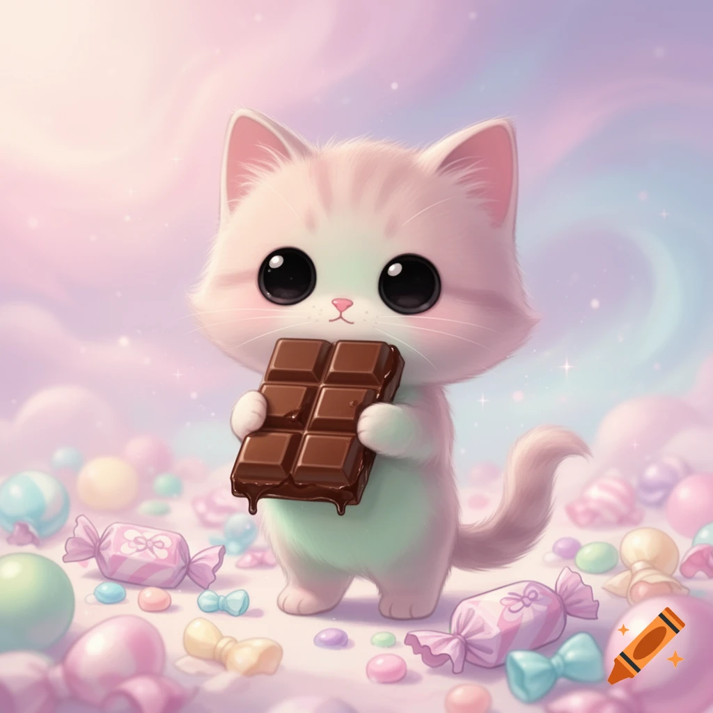 A cute, fluffy pink and white cartoon kitten with large black eyes holds a melting chocolate bar in a pastel candy land.