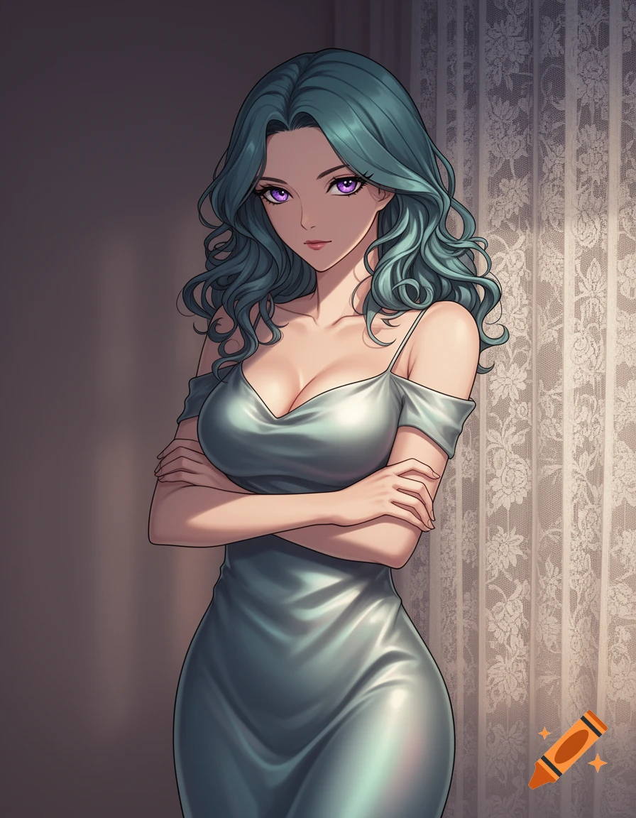 Anime illustration of a woman with teal wavy hair and purple eyes, wearing a light dress, standing with crossed arms.