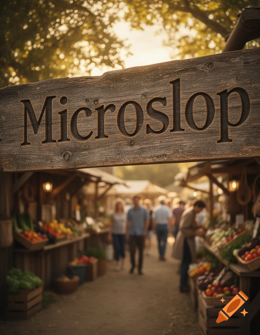 A wooden sign with 'Microslop' carved into it hangs over a blurry, bustling outdoor market with stalls and people.