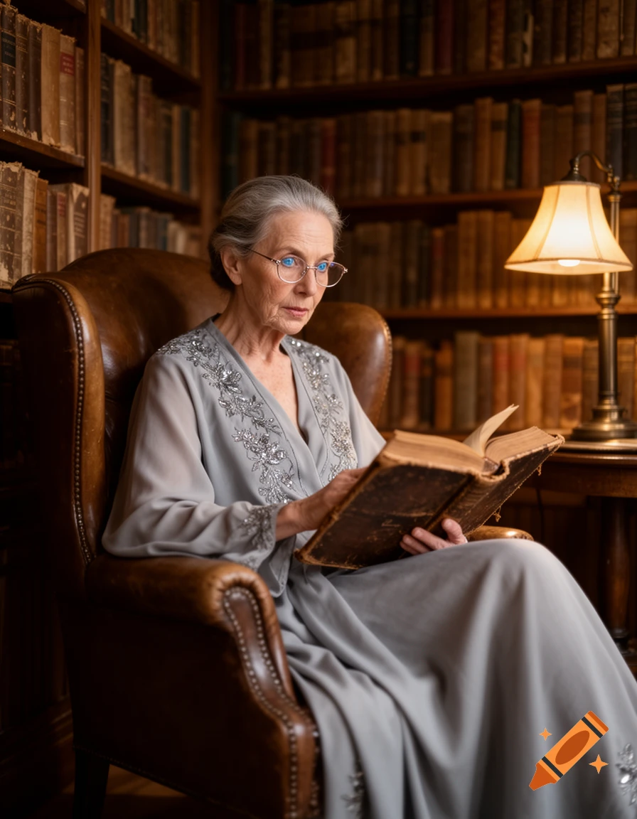 An elderly woman with gray hair and glasses reads an old book while seated in a leather armchair in a wood-paneled library.