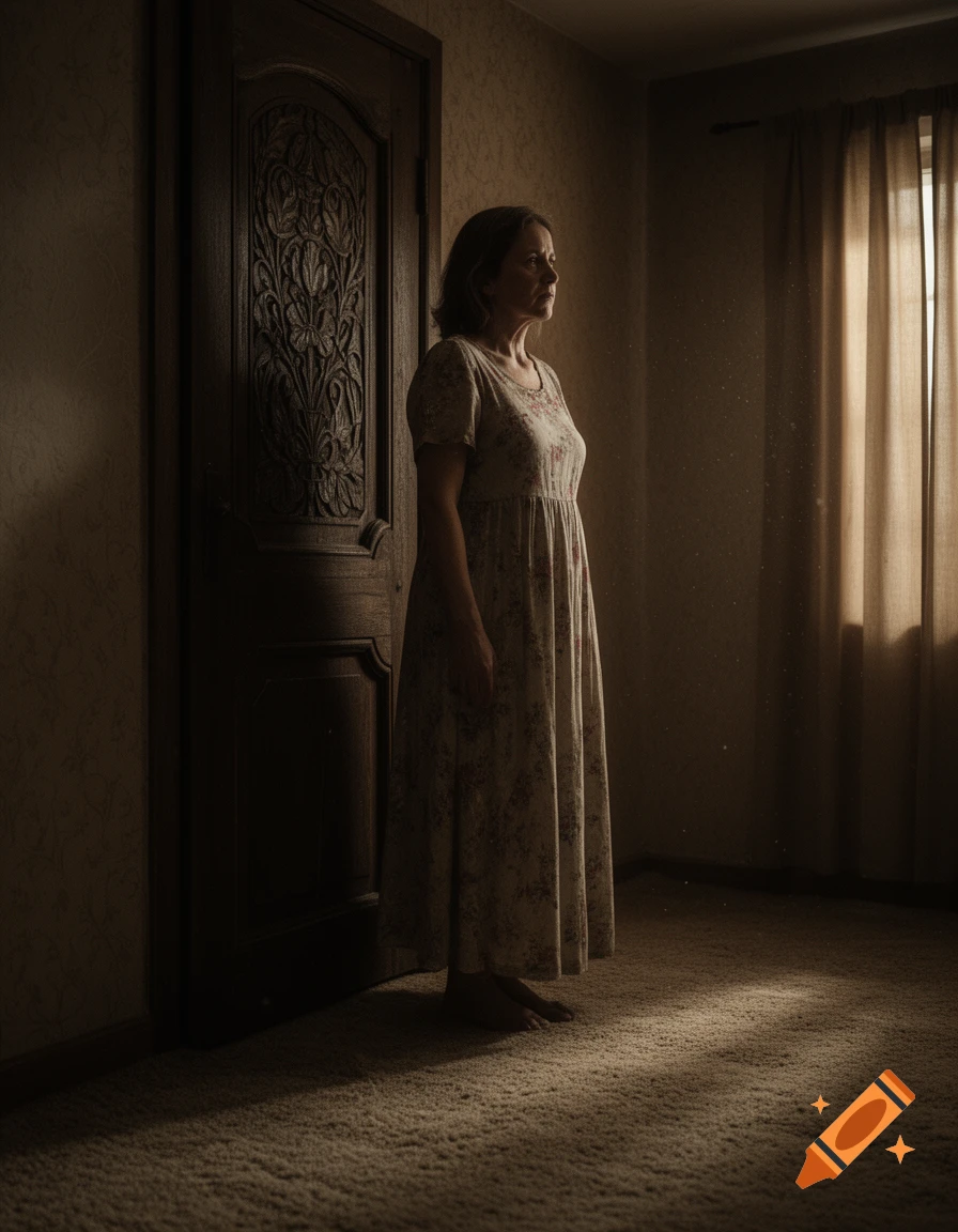A sad woman in a floral dress stands barefoot beside a carved wooden door in a dimly lit room, with light from a window.