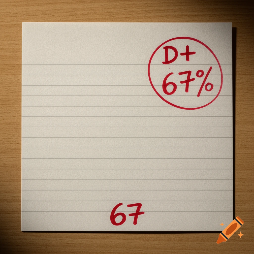 A piece of lined paper with a red circled D+ and 67%, and a red 67 written at the bottom, on a wooden surface.