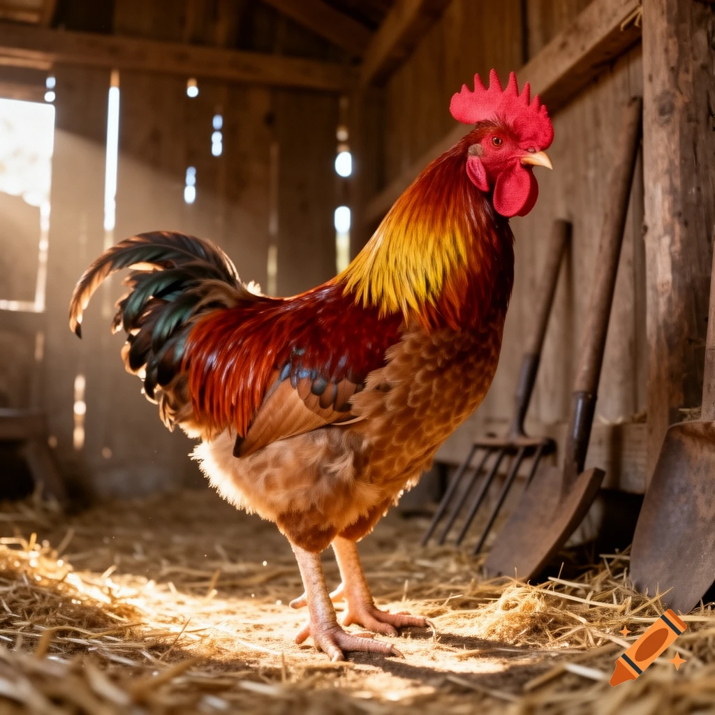 A colorful rooster with red, yellow, and brown feathers stands in a sunlit barn with hay and farm tools.