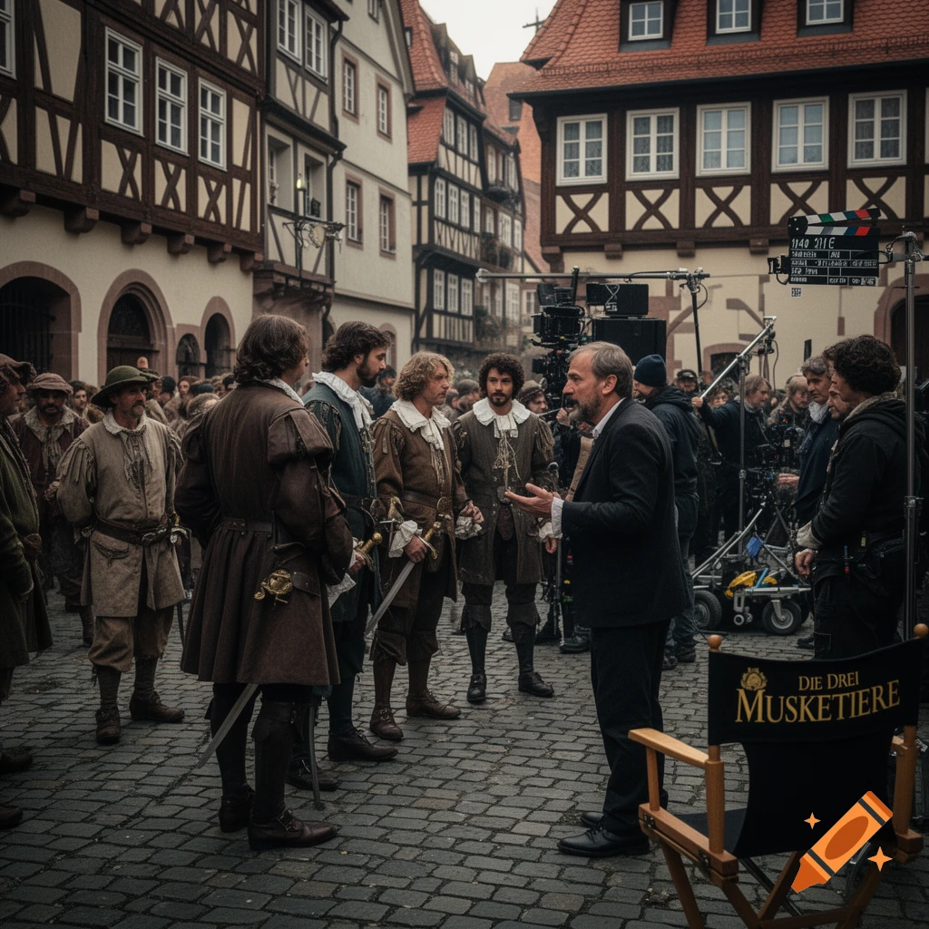 A film director speaks to actors in 17th-century costumes on a cobblestone set, with crew and equipment in a historic European town square.