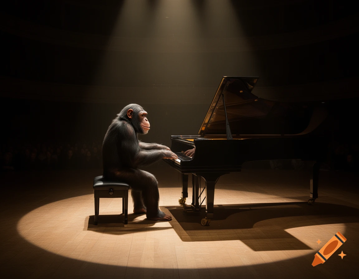 A photorealistic chimpanzee plays a grand piano alone on a spotlighted concert stage.