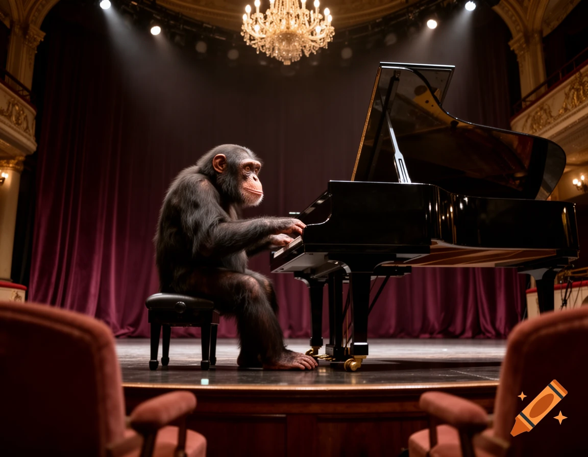 A chimpanzee sits at a grand piano on a spotlighted stage in a classic theater, viewed from the audience.