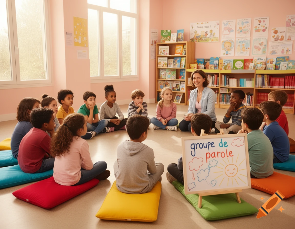 Diverse children and a female teacher sit in a circle on cushions in a brightly lit classroom, a whiteboard says 'groupe de parole'.