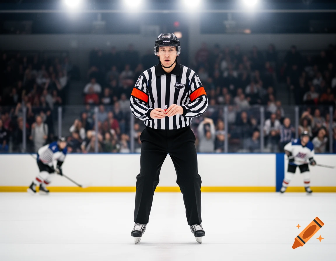 A male hockey referee in a black and white striped shirt and black pants stands on an ice rink, with blurred hockey players and a crowd in the background.