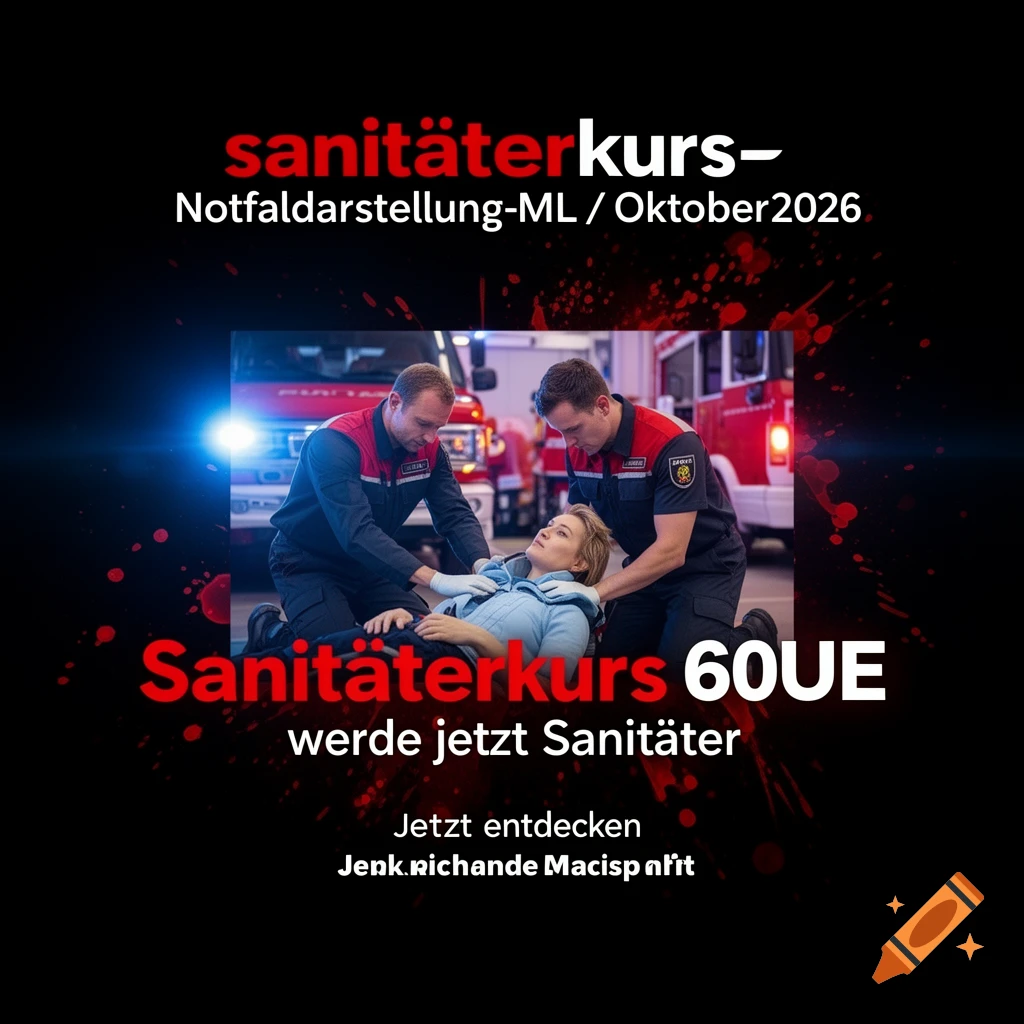 A dark, professional advertisement for a paramedic course. Two paramedics in red and black uniforms attend to a person lying on the ground. Red blood splatter effects are in the background, with ambulance lights. Text overlays include "Sanitäterkurs" and "werde jetzt Sanitäter."