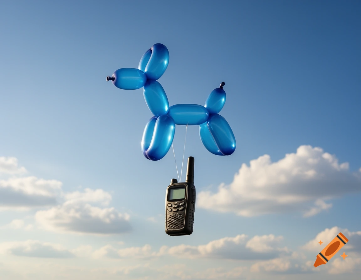 A shiny blue balloon animal shaped like a dog floats in a bright blue sky, carrying a black walkie-talkie by strings.