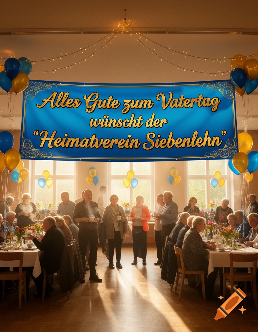 Photorealistic image of elderly people at an indoor community celebration with a banner reading 'Alles Gute zum Vatertag'. Balloons decorate the room.