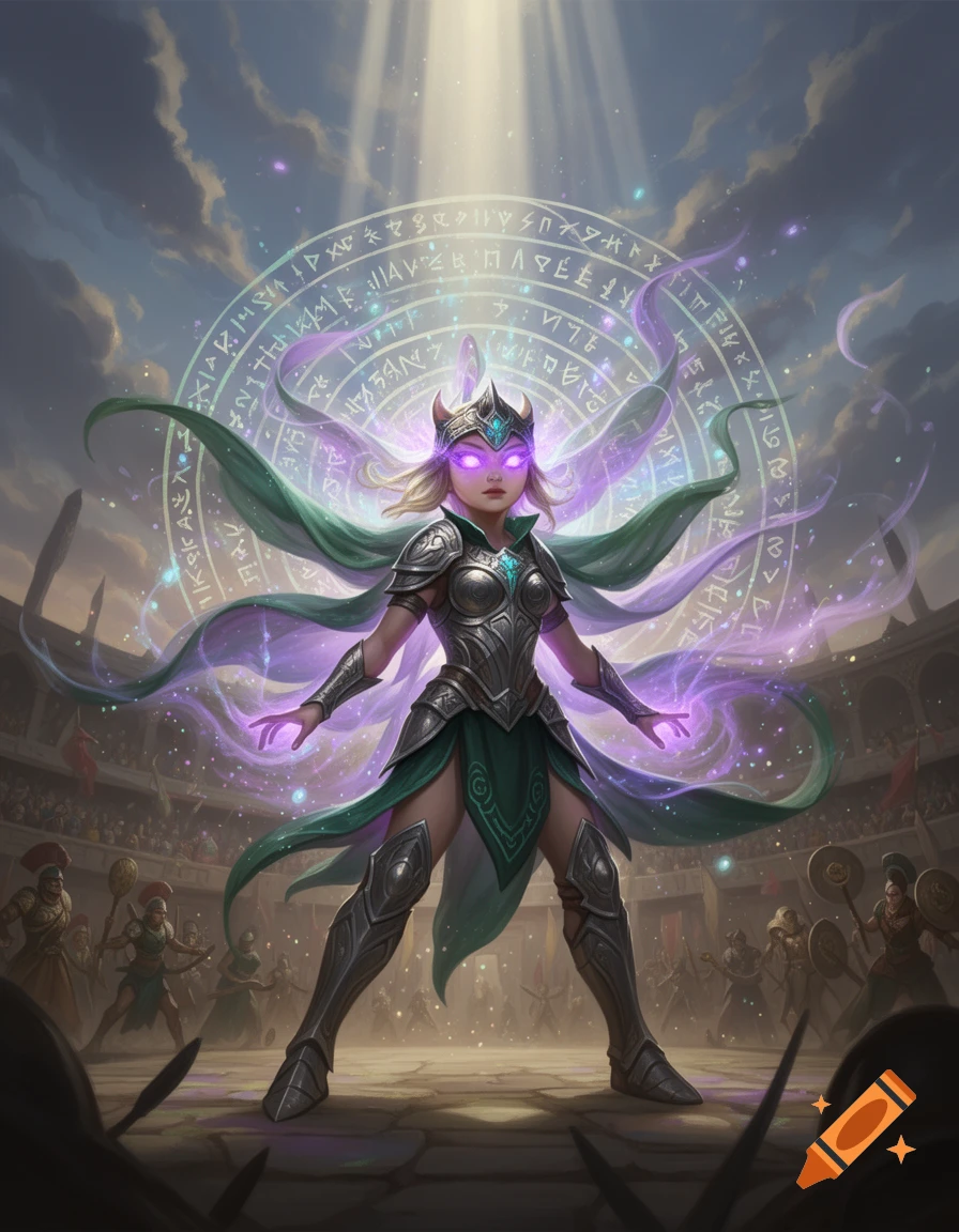 A powerful sorceress with glowing purple eyes and armor stands in a gladiatorial arena with a magical runic circle behind her.