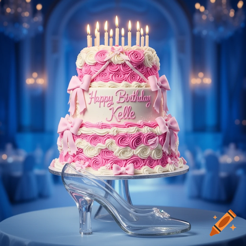 A pink and white three-layer birthday cake with lit candles and 'Happy Birthday Kelle' on it, next to a glass slipper in a blue ballroom.