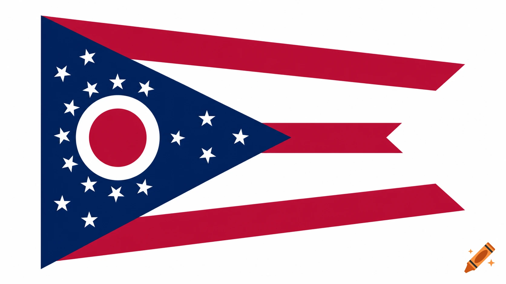 The Ohio state flag, a swallowtail design with a blue triangle, 17 white stars, a red circle, and red and white stripes.
