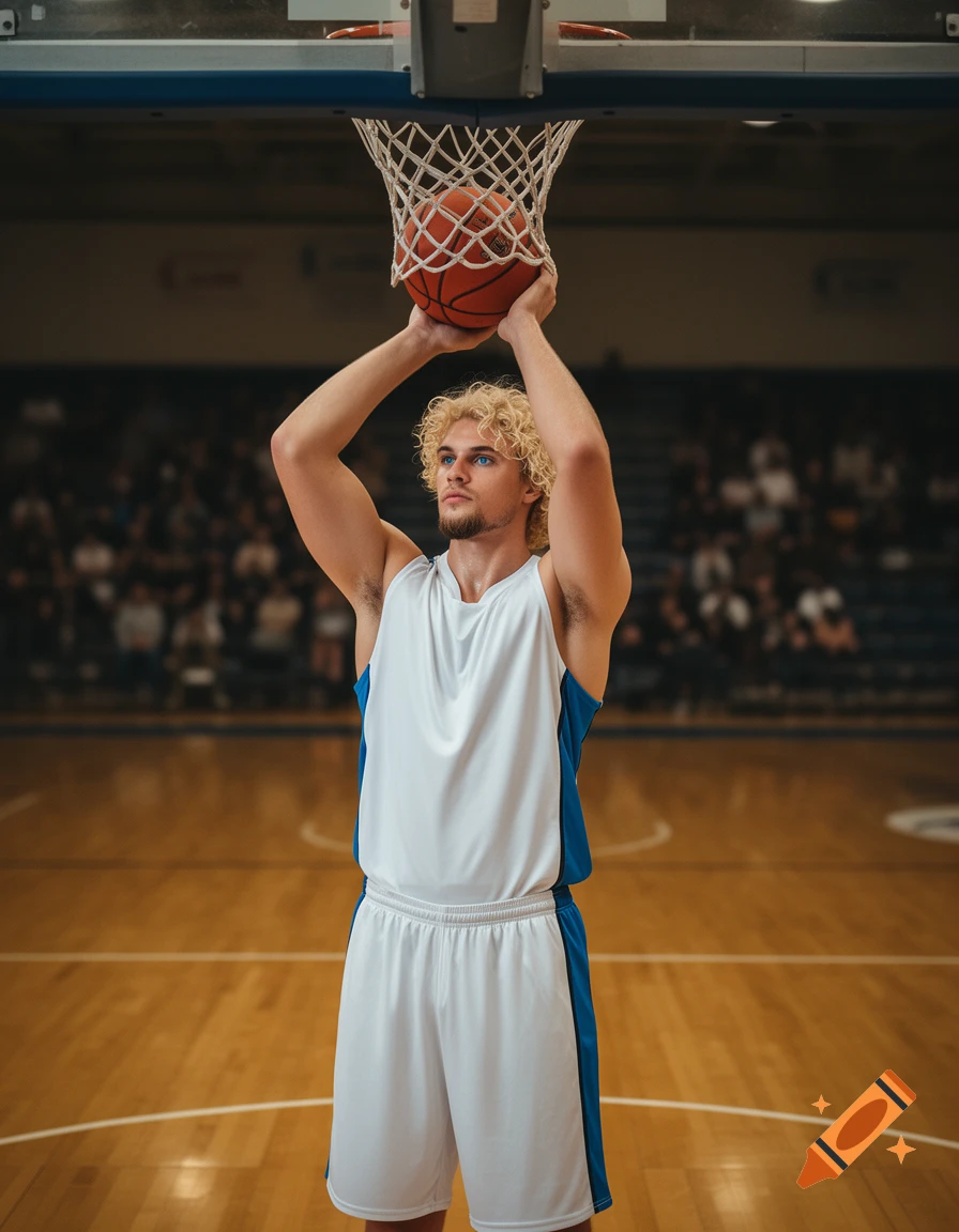 A blonde, curly-haired basketball player in a white and blue uniform holds a basketball at the rim on a court, photorealistic.
