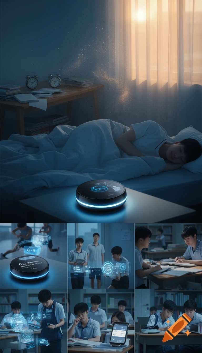 A collage of scenes showing a smart alarm device with glowing blue light. A student sleeps, studies, and exercises, with holographic UI elements indicating smart scheduling and notifications.