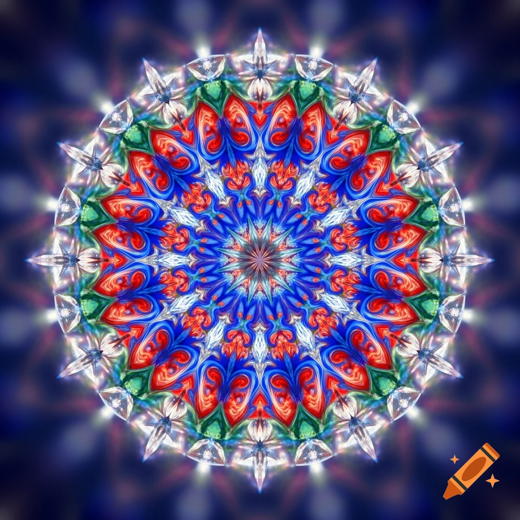 Vibrant, intricate kaleidoscope pattern with red, blue, green, and white symmetrical designs on a dark blue background.