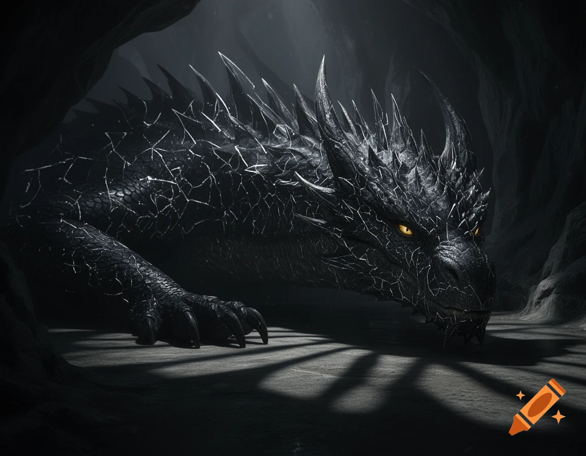 A majestic, dark scaly dragon with piercing yellow eyes rests in a dimly lit cave.