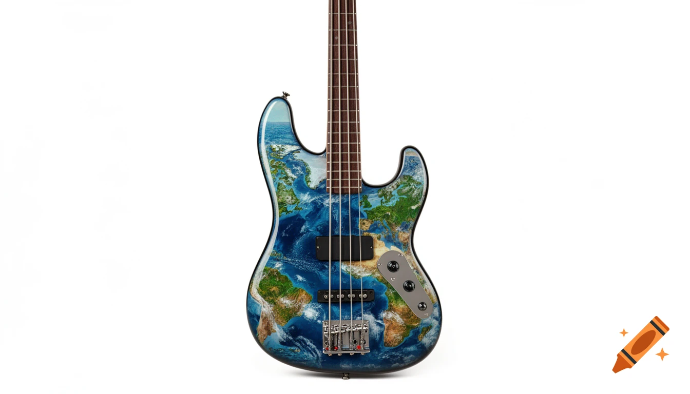 Photorealistic bass guitar with a detailed Earth map on its body against a white background.