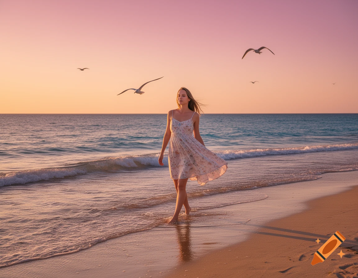 A barefoot woman in a flowing dress walks along a sandy beach at sunset with gulls flying overhead.