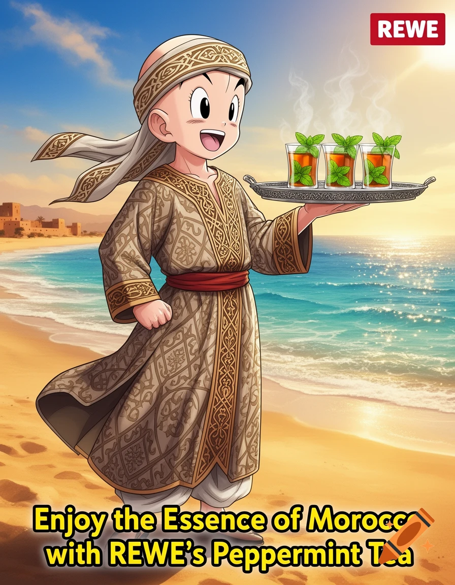Anime character Krillin in Moroccan attire holding a tray of peppermint tea on a sunny beach, with Rewe branding.