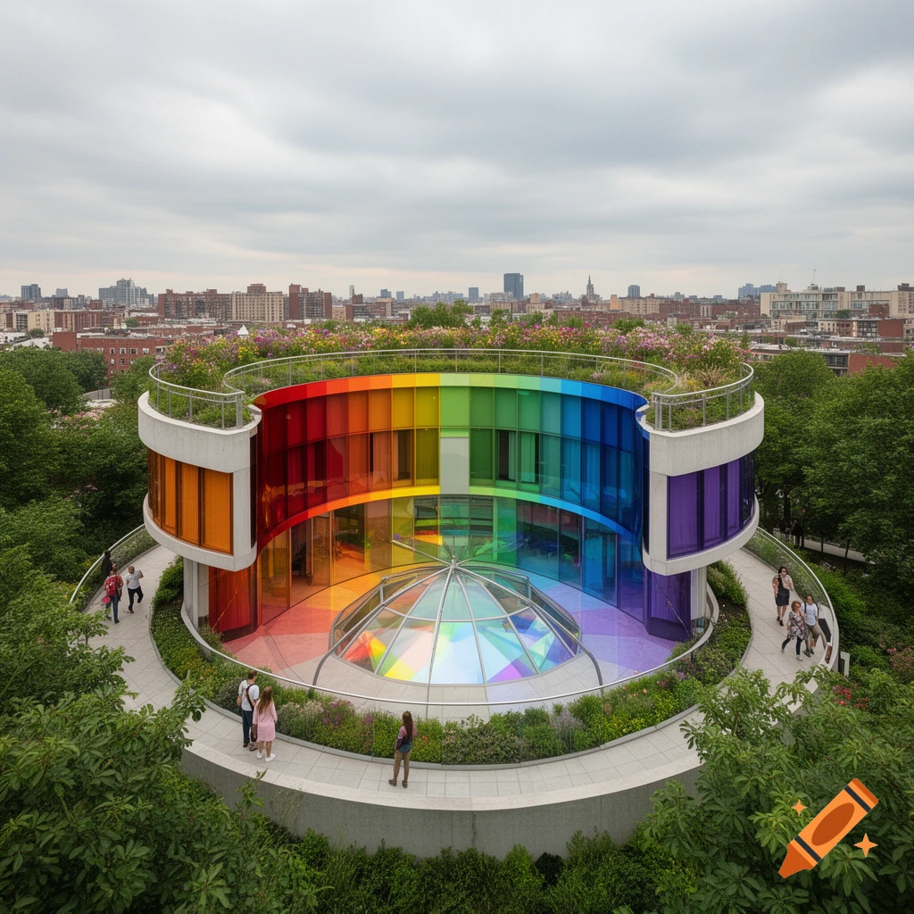 Aerial view of a circular, modern building with a rainbow-colored glass facade, green rooftop garden, and central dome, surrounded by people, cityscape.