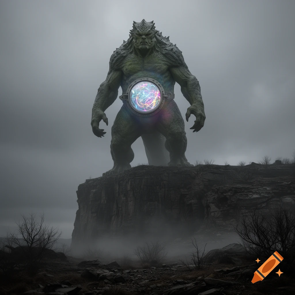 A giant, green, scaly monster stands on a rocky cliff, featuring a glowing colorful energy orb on its abdomen under a dark, misty sky.