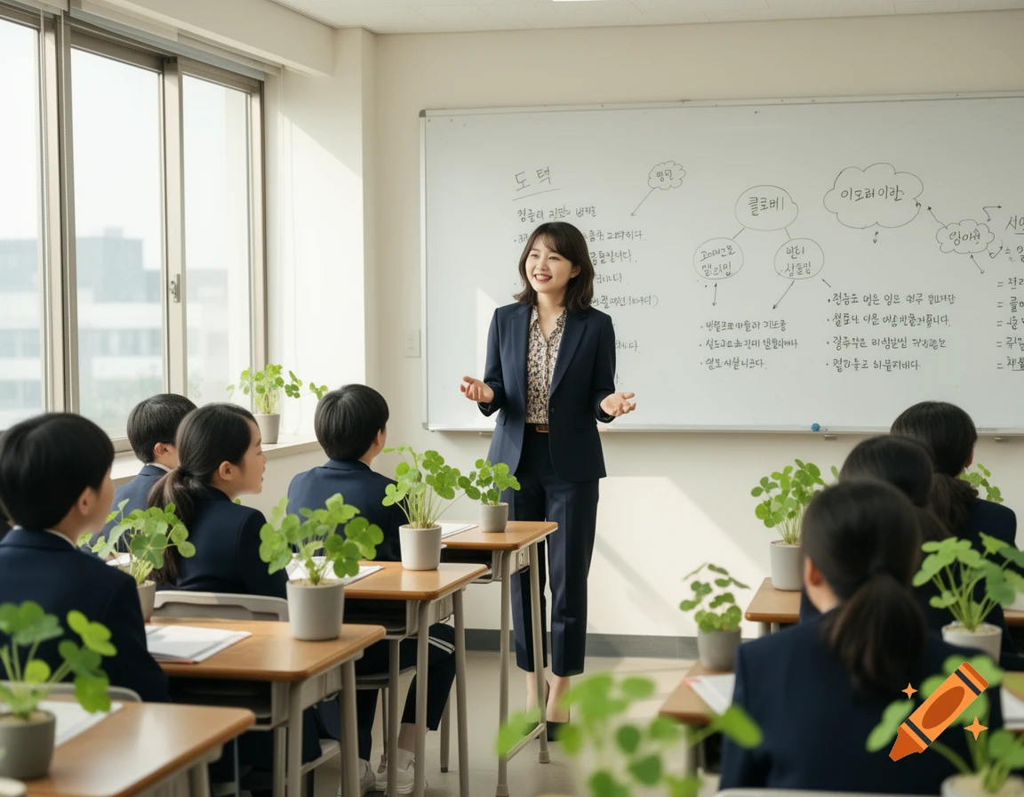 A smiling female teacher stands in front of a whiteboard, addressing students in a bright classroom with potted plants on desks.