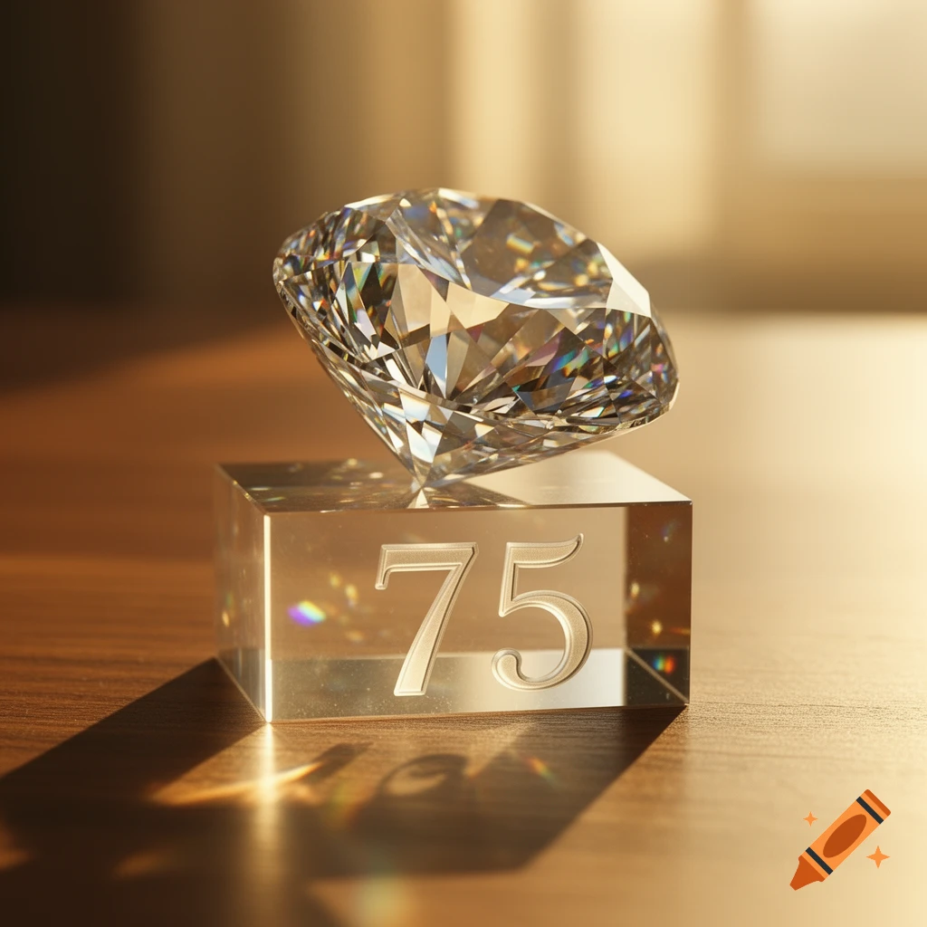 A sparkling diamond resting on a clear block with the number 75, illuminated by morning light on a wooden surface.