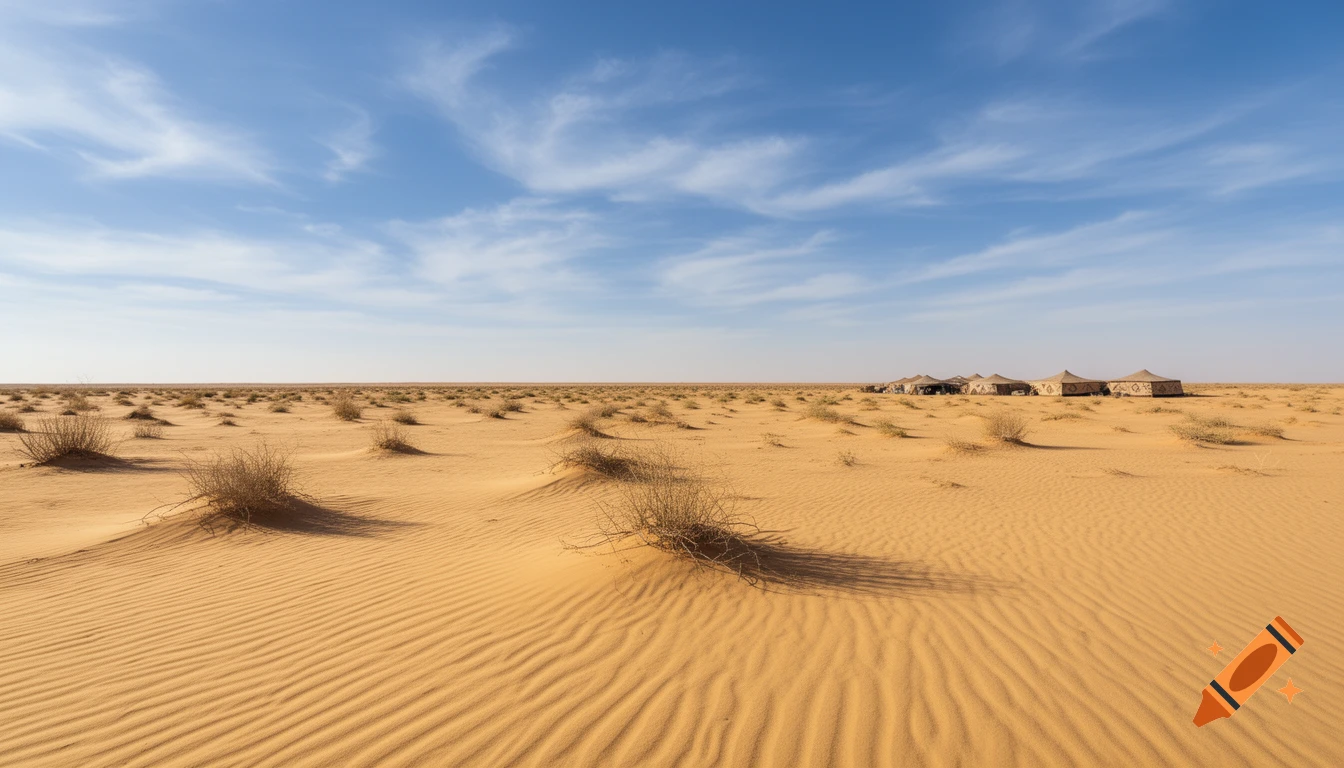 A wide shot of a vast sandy desert landscape with small shrubs and rippled sand dunes, under a bright blue sky with wispy clouds. Several large tents are visible in the far distance on the right.