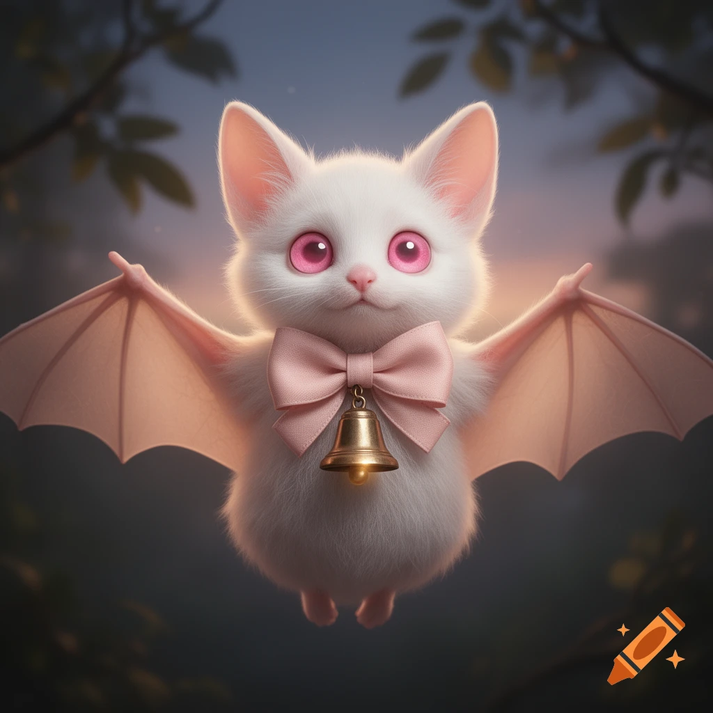 Fluffy white albino bat with large pink eyes, a pink bow, and a golden bell, hovering in a soft, dark forest.